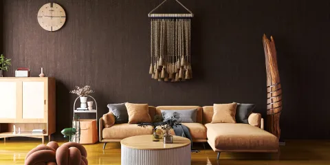 cozy living room with a modern sofa and stylish decor featuring a wall hanging, designed using Homestyler for interior design inspiration, emphasizing contemporary style and functionality.