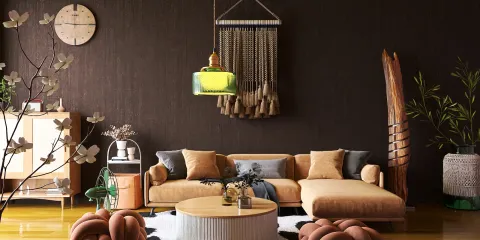 stylish living room with a modern sofa and coffee table showcasing a cozy arrangement in earthy tones, using Homestyler's real-time 3D rendering feature for an immersive interior design experience.