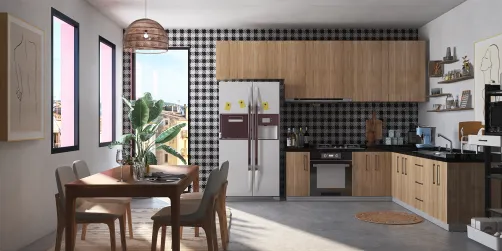 natural kitchen with funky wall
