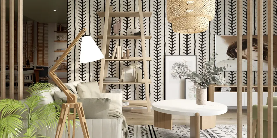 modern living room with stylish furniture arrangement featuring a wooden floor lamp and a circular coffee table, showcasing a minimalist design style and enhancing the interior decor with Homestyler's real-time 3D rendering feature.