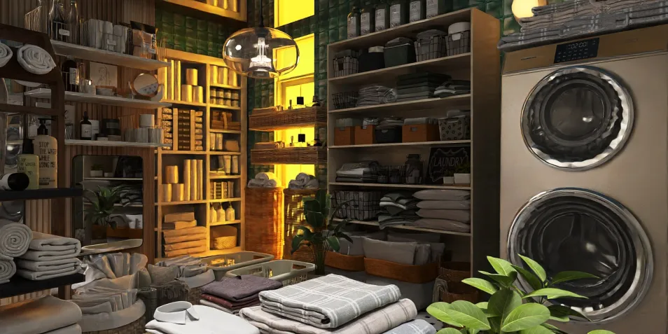 Laundry room with organized shelving displaying various towels and cleaning products, showcasing a modern farmhouse style, optimized for efficient storage with Homestyler's real-time 3D rendering feature.