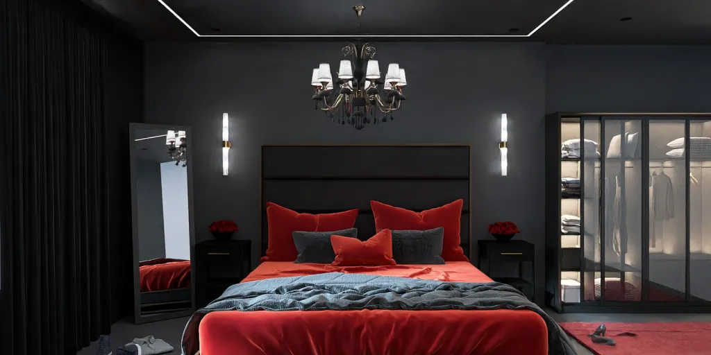 a bed room with a red bedspread and a red bedspread 