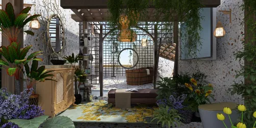 indoor/outdoor bath area