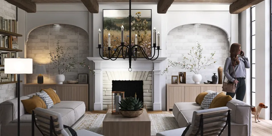 modern living room interior design featuring elegant furniture arrangement with a cozy fireplace style, showcasing the use of Homestyler's real-time 3D rendering feature for effective design proposal visualization.
