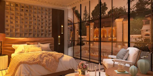 Cozy bedroom showcasing a warm color palette with a modern design, featuring a comfortable bed and stylish armchair, optimized for maximum space utilization using Homestyler’s AR virtual furniture placement feature.