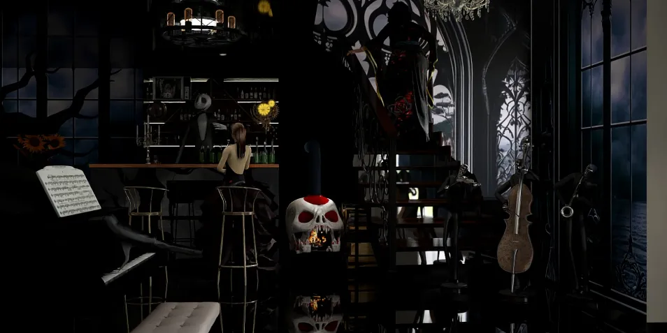 dark themed interior design featuring a bar and elegant decor with gothic elements, showcasing smart furniture arrangement using Homestyler's real-time 3D rendering.
