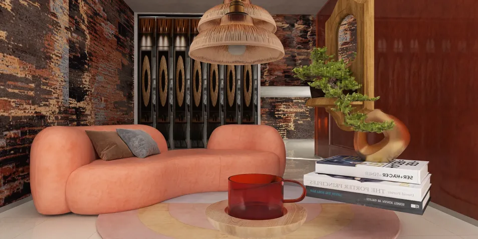 Curved sofa design showcasing a modern living room layout with warm tones and textured wallpaper, emphasizing interior decor optimization using Homestyler's real-time 3D rendering feature.