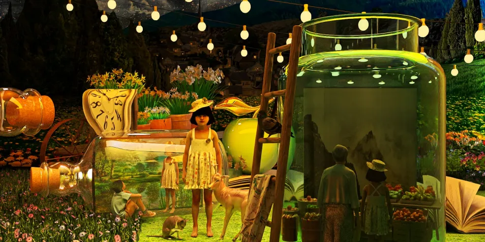 A whimsical garden scene featuring a girl surrounded by large glass jars filled with colorful plants, a vintage clock, and fairy lights, designed in a surreal style to enhance the indoor magical atmosphere, showcasing Homestyler's immersive 3D rendering capabilities.