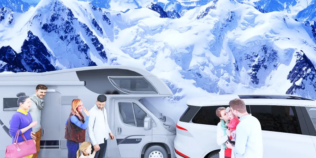 a number of people in a van with mountains 