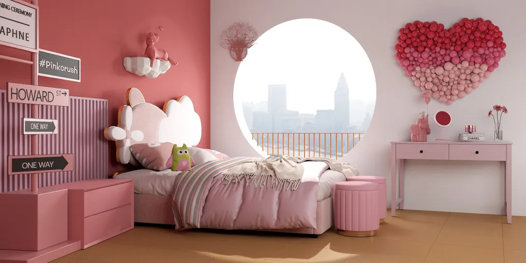 a bedroom with a red bed and a pink wall 