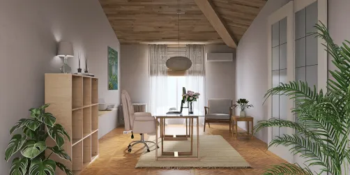 Home office with a stylish desk and ergonomic chair, featuring modern decor and warm wooden accents, showcasing interior design optimization with real-time 3D rendering in Homestyler.