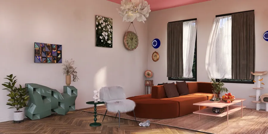 a living room with a couch, chair, and a table 