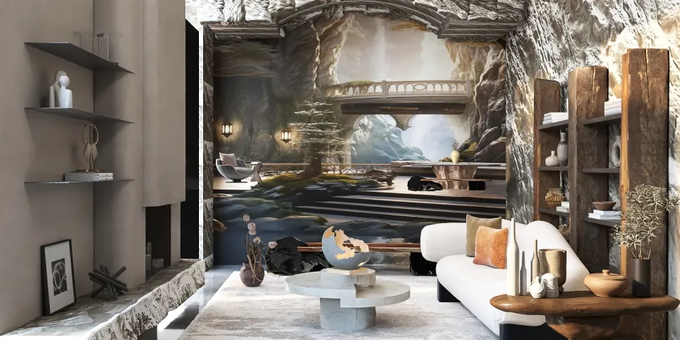 modern living room design featuring a detailed mural and rustic furniture arrangement in a fantasy style, showcasing interior decor optimization with Homestyler's real-time 3D rendering feature.