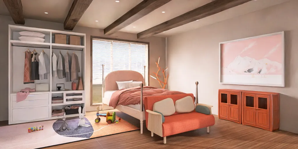 a bedroom with a bed, chair, and a tv 