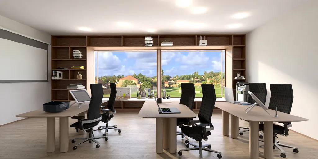 a large office with a large window and a large desk 