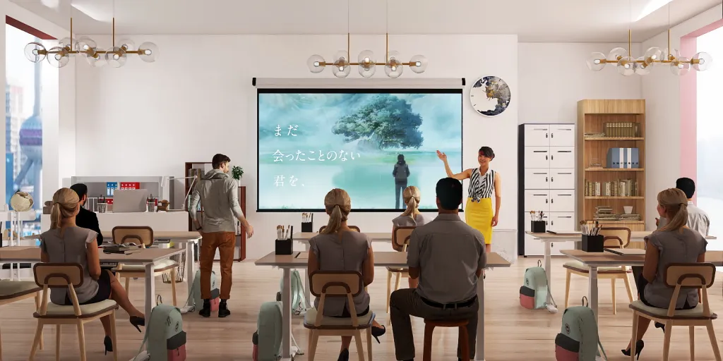 people sitting around a table with a projector screen 