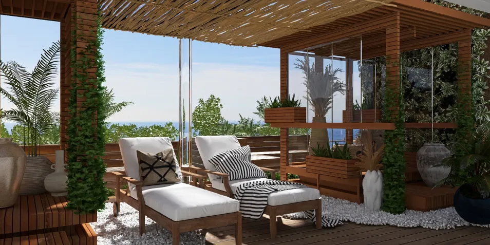 outdoor lounge area featuring comfortable lounge chairs and greenery, designed with a modern style for relaxation, showcasing Homestyler's real-time 3D rendering feature.
