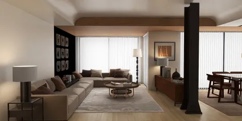 Modern living room featuring a spacious sofa layout, designed for comfort and style, showcasing a contemporary aesthetic with warm lighting and wooden accents, perfect for interior decor inspiration using Homestyler's real-time 3D rendering feature.