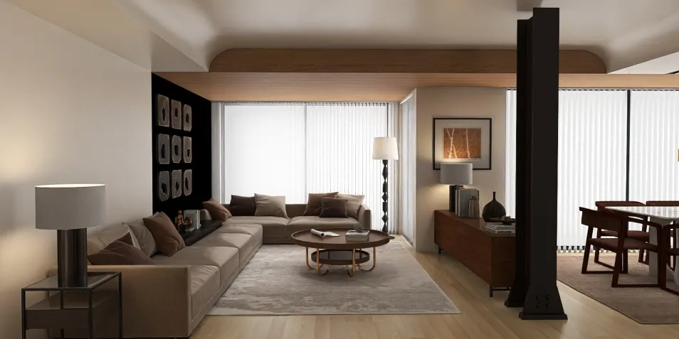 Modern living room featuring a spacious sofa layout, designed for comfort and style, showcasing a contemporary aesthetic with warm lighting and wooden accents, perfect for interior decor inspiration using Homestyler's real-time 3D rendering feature.