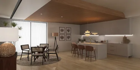 modern kitchen with an open layout featuring a dining area, designed to optimize small spaces using smart furniture arrangement, showcasing Homestyler's real-time 3D rendering capabilities.