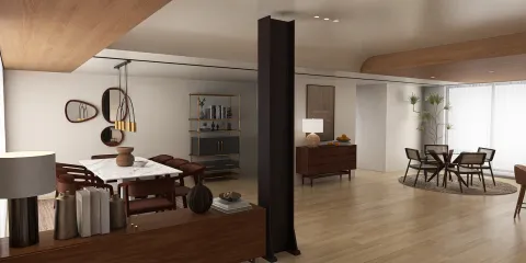 modern dining room with a minimalist design featuring a large table, stylish chairs, and elegant decor showcasing a cozy atmosphere using Homestyler's real-time 3D rendering feature.