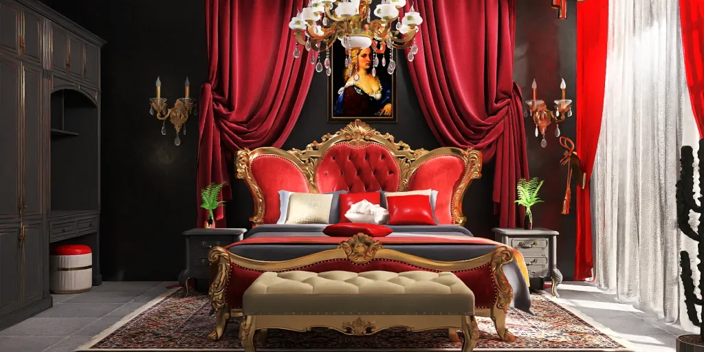 a large red bed with a red headboard and a red chair 