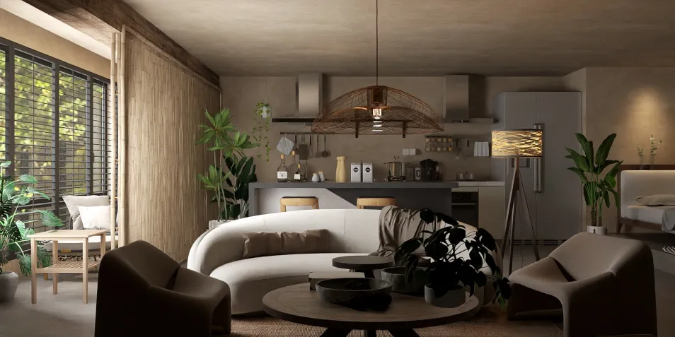 Modern living room featuring a curved sofa and stylish armchairs, showcasing a natural and cozy design that optimizes small spaces using smart furniture arrangement, highlighting Homestyler's real-time 3D rendering capabilities.