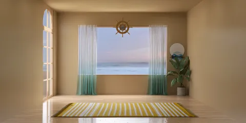 minimalist living room with large window overlooking the ocean, featuring sheer curtains and a decorative sun wheel, designed for optimizing interior decor using Homestyler's smart furniture arrangement feature