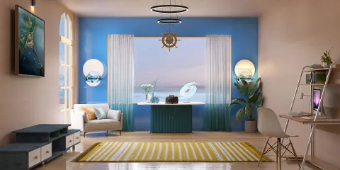 Modern living room interior with ocean view, featuring a nautical theme and adjustable lighting, showcasing Homestyler's real-time 3D rendering capability.