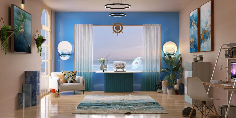 bright living room interior showcasing blue walls and nautical theme, featuring furniture arrangement with Homestyler's real-time 3D rendering for an optimal design preview.
