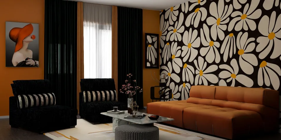 modern living room with floral wallpaper and stylish furniture, showcasing vibrant interior decor, utilizing Homestyler's real-time 3D rendering feature for design proposals.