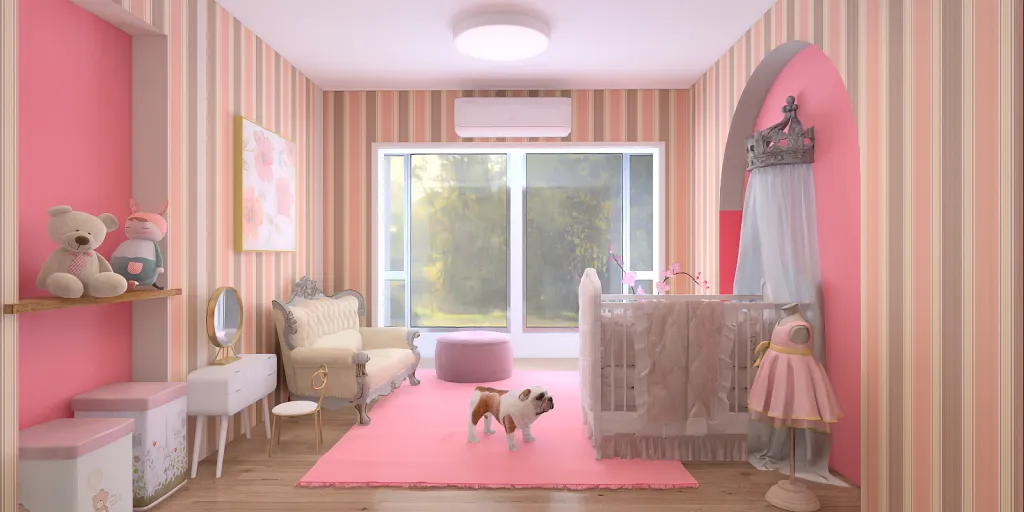 a room with a dog sitting on the floor 