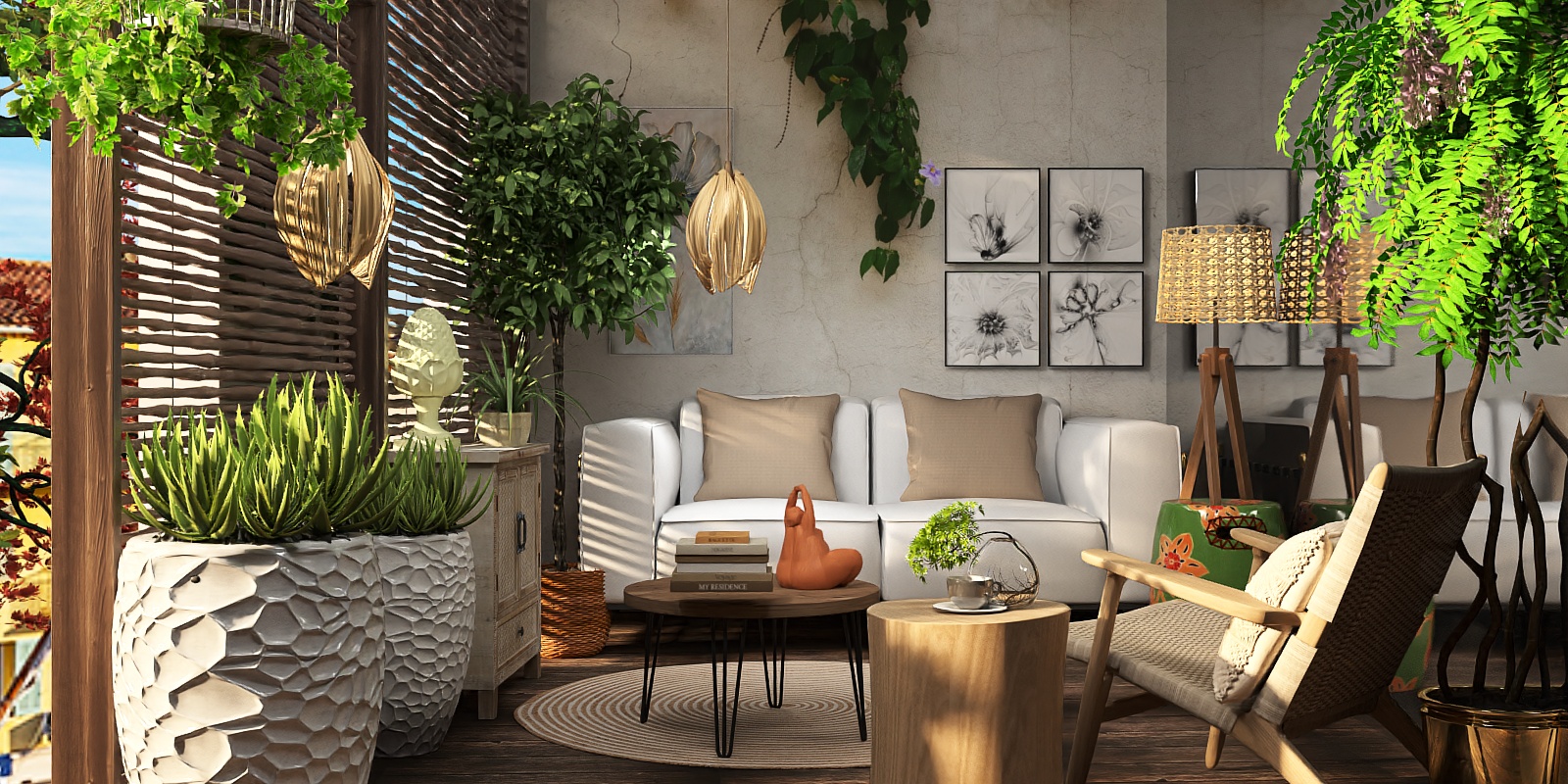 Espaco cheio de luz, plantas , madeira texturas trazendo aconchego!