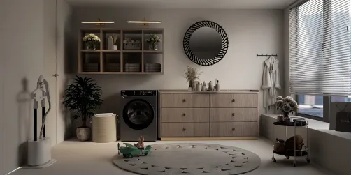 Laundry room design featuring modern appliances and minimalist decor, showcasing efficient space utilization with Homestyler's real-time 3D rendering functionality.