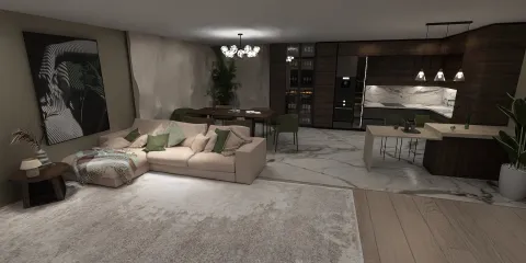 cozy living room with an open kitchen showcasing modern design elements and a marble floor, featuring a 3D interior design concept using Homestyler's real-time 3D rendering capability