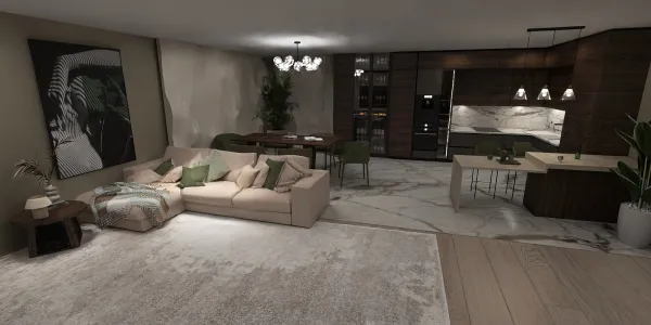 cozy living room with an open kitchen showcasing modern design elements and a marble floor, featuring a 3D interior design concept using Homestyler's real-time 3D rendering capability