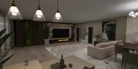 modern living room design featuring an open layout with a contemporary sofa and a stylish entertainment unit, showcasing the use of Homestyler's real-time 3D rendering for realistic visualization.