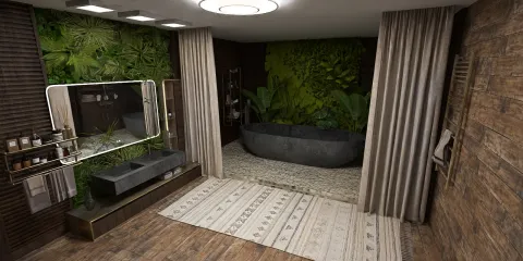 luxurious bathroom design featuring a modern bathtub surrounded by lush greenery, enhanced with Homestyler's real-time 3D rendering for a realistic preview.