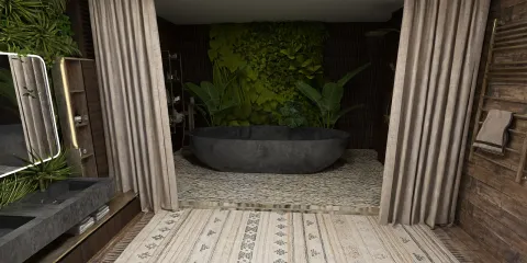 luxurious bathroom design featuring a freestanding stone bathtub and lush greenery accenting the space, emphasizing relaxation and tranquility using Homestyler's real-time 3D rendering feature.