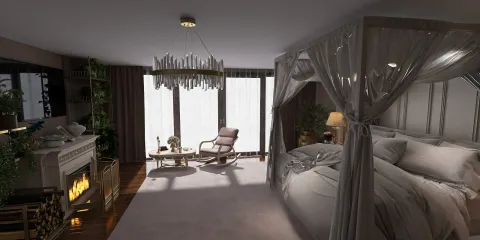 luxurious bedroom featuring a canopied bed and cozy seating area, designed with modern elegance, showcasing interior decor ideas; utilizes Homestyler's real-time 3D rendering for effective design visualization.
