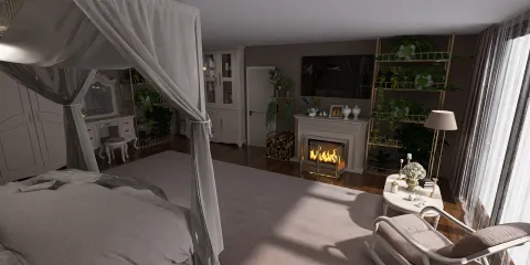 cozy bedroom featuring a fireplace and elegant decor, showcasing interior design with a warm and inviting style, utilizing Homestyler's real-time 3D rendering for quick design previews.