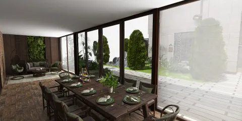 dining room with green decor featuring large windows showcasing an outdoor garden view in a modern rustic style, highlighting the Homestyler real-time 3D rendering feature.