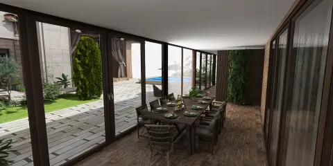 dining area with outdoor view showcasing a natural setting, designed for seamless indoor-outdoor living, utilizing Homestyler's real-time 3D rendering feature.