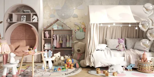 Children's bedroom featuring a cozy bed and playful decor, showcasing a whimsical style with soft textures and pastel colors, designed for comfort and creativity. Includes Homestyler's real-time 3D rendering to visualize design options.