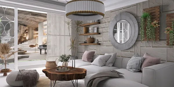 Modern living room design featuring a comfortable sofa arrangement with decorative pillows, styled with rustic wooden furniture and natural elements. Showcasing Homestyler's real-time 3D rendering for an immersive interior decor experience.