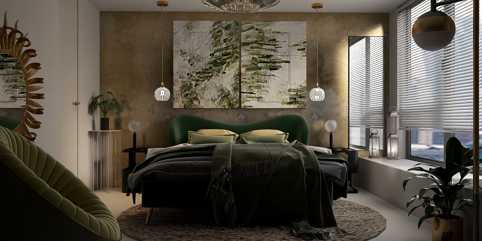 Green and gold bedroom