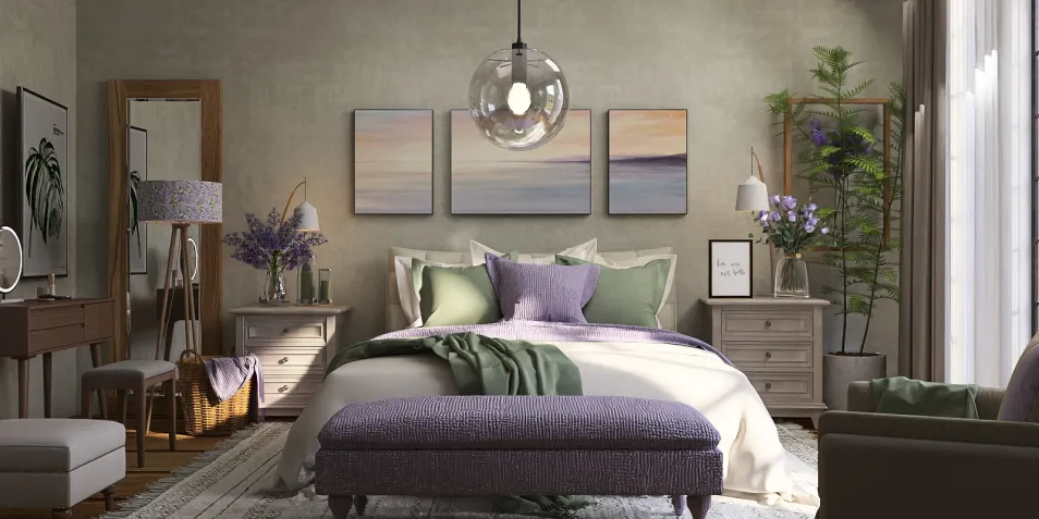 A modern bedroom featuring a bed with decorative pillows, styled with a serene color palette, emphasizing comfort and relaxation, showcasing the smart furniture arrangement functionality of Homestyler.