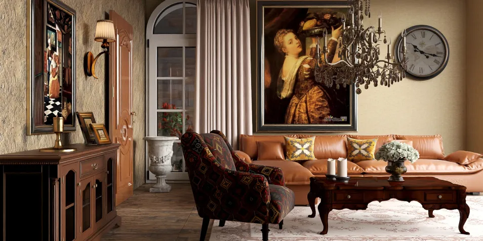 Living room with vintage decor featuring a leather sofa, ornate chandelier, and classic artwork, showcasing a cozy atmosphere with interior design elements. Utilizing Homestyler's real-time 3D rendering for design proposals.