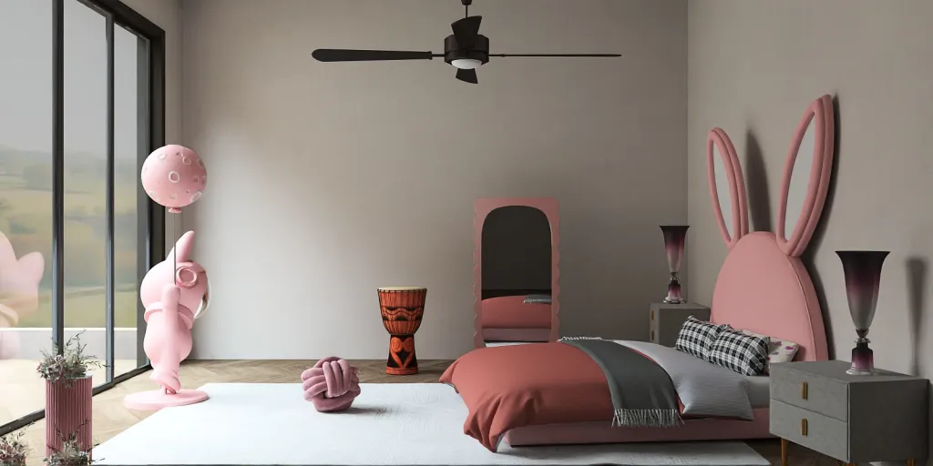 a bed with a vase and a lamp next to it 