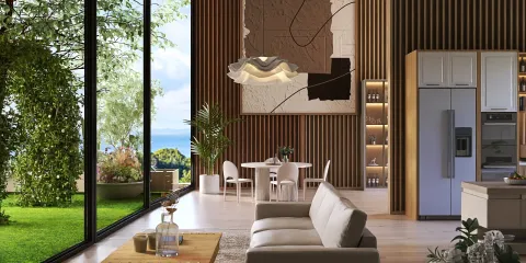 modern living room showcasing open space design with a focus on natural lighting and greenery, featuring Homestyler's real-time 3D rendering for efficient visualization.